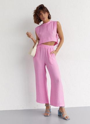 Летний женский костюм с брюками и топом с завязками - розовый цвет, l (есть размеры)