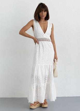Длинное платье из прошвы и кружевом на талии - белый цвет, 36р (есть размеры)1 фото