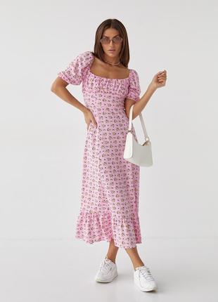 Длинное цветочное платье с оборкой hot fashion - розовый цвет, m (есть размеры)