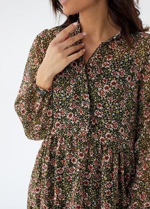 Шифонове плаття з квітковим візерунком із завищеною талією crep — хакі колір, s (є розміри)4 фото
