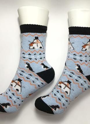 Женские махровые зимние новогодние носки со снеговиком и пингвином2 фото