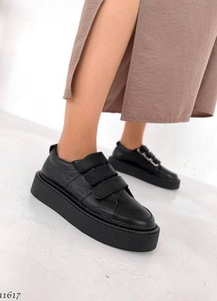 Черные натуральные кожаные кроссовки кеды с липучками на липучках толстой подошве кожа
