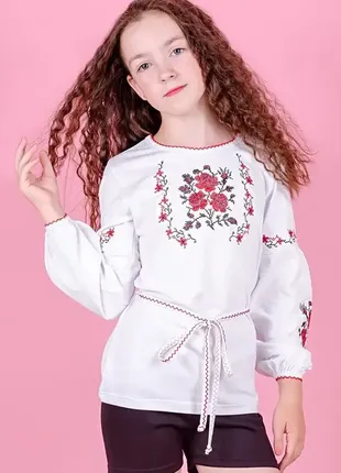 Українська нанаціональна вишиванка для дівчат, сорочка вишита,блуза з вишивокою біла, дитячий одяг