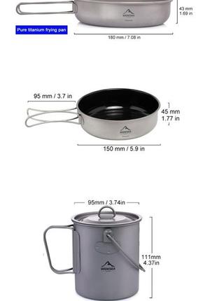 Набор посуды из титана widesea. котелок 750мл + сковорода 700мл с антипригарным покрытием + тарелка 900мл
