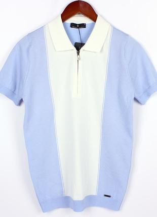 Мужская футболка поло с резинкой внизу, мягкий тянущийся материал, цвет голубой с белым