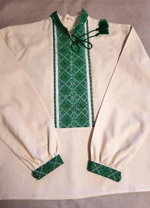 Чоловіча вишиванка ручної роботи з натуральної домотканої тканини "освіжна зелена" р.xl (54)5 фото