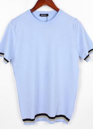 Мужская футболка boss с резинкой внизу, мягкий тянущийся материал, цвет голубой1 фото