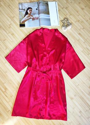 Красный атласный халат с запахом, съемный пояс, p.m1 фото