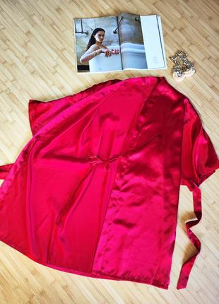 Красный атласный халат с запахом, съемный пояс, p.m5 фото