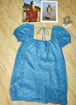 Calliope темно-голубое коттоновое платье с вышивкой ришелье6 фото