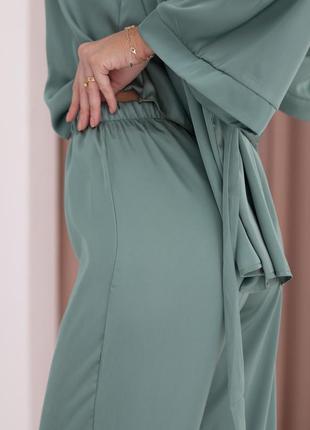 Комплект из шелка тройка для дома укороченный халат, майка и брюки. шелковый пижамный набор халат, маечка и штаны. домашний костюм шелк3 фото