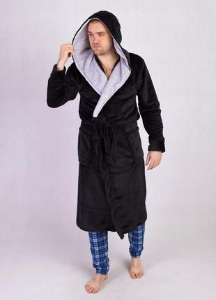 Мужской махровый халат с двойным капюшоном черный