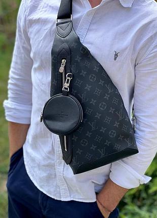 Сумка слинг мужская черная канва кожа брендовая в стиле луи витон louis vuitton
