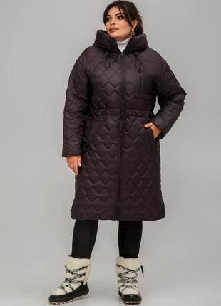 Теплое длинное демисезонное стеганое пальто куртка шоколадное большие размеры6 фото