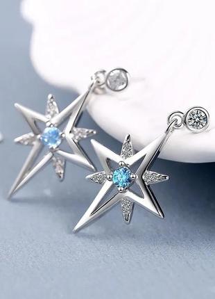 Серьги звезды серебро 925 покрытие голубые кристаллы2 фото