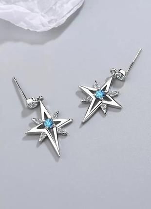 Серьги звезды серебро 925 покрытие голубые кристаллы7 фото