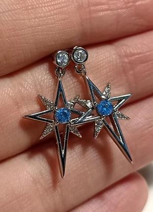 Серьги звезды серебро 925 покрытие голубые кристаллы10 фото
