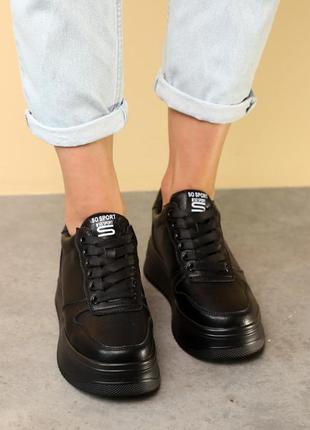 Стильные черные женские кеды/кроссовки на платформе, на высокой подошве кожаные/кожа-женская обувь7 фото