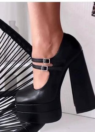 Женские черные туфли на высоком каблуке и платформе с квадратным носком 39. 40 размер3 фото