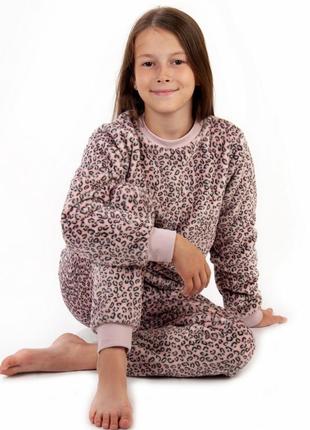 Детская теплая леопардовая махровая пижама, комплект домашний леопард из махры, костюм велсофт плюш