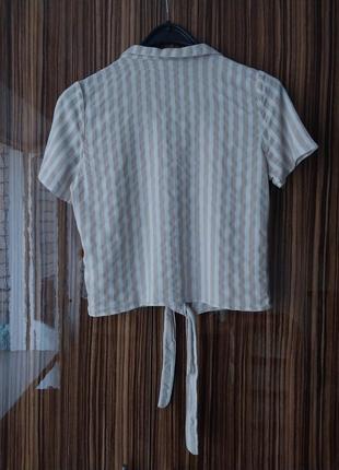Стильная натуральная укороченная блузка рубашка vila бежевая в белую полоску5 фото