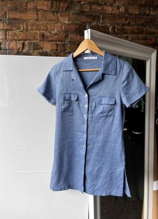 Yumi mazao women’s vintage made in france blue linen button short sleeve shirt вінтажна, жіноча сорочка з льону на короткий рукав1 фото
