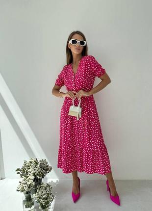 Платье миди однотонное и в горошек с v образным вырезом декольте на пуговицах короткие рукава фонарики красное пудра голубое малина романтичное