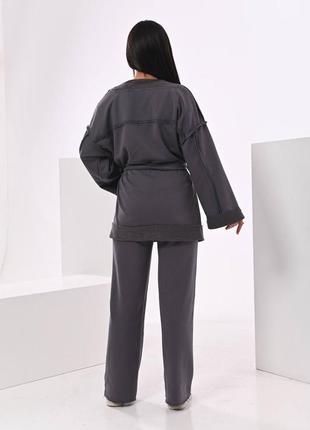 Костюм жіночий графітовий однотонний кімоно прямого крою на запах з поясом з кишенями штани вільного крою на високій посадці якісний стильний базовий5 фото