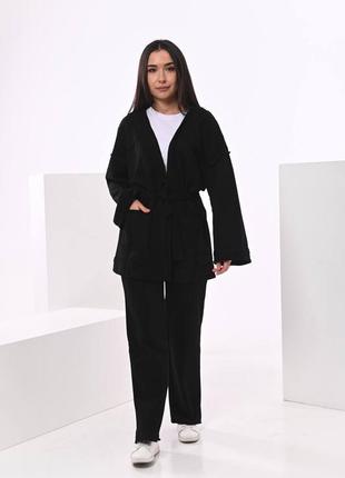 Костюм женский черный однотонный кимоно прямого кроя на запах с поясом с карманами брюки свободного кроя на высокой посадке качественный стильный базовый1 фото