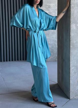 Костюм шёлковый армани голубой небесный бежевый чёрный комбинезон с открытой спиной палаццо и накидка кимоно рубашка2 фото