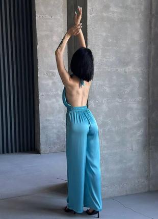 Костюм шёлковый армани голубой небесный бежевый чёрный комбинезон с открытой спиной палаццо и накидка кимоно рубашка3 фото