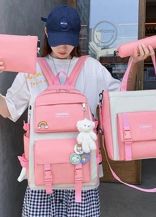 Стильный школьный комплект для девочек 4в1 - рюкзак, сумка, косметичка и пенал. персиковый цвет3 фото