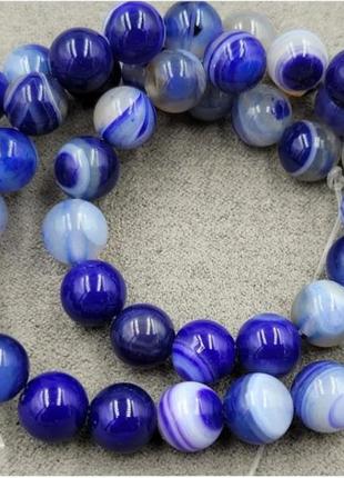 Настены на нитке натуральный камень агат полосатый синий гладкий шарик d=8мм