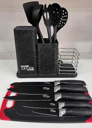 Набір кухонних ножів та кухонне приладдя на підставці + обробна дошка zep-line zp-045 (14 предметів)1 фото