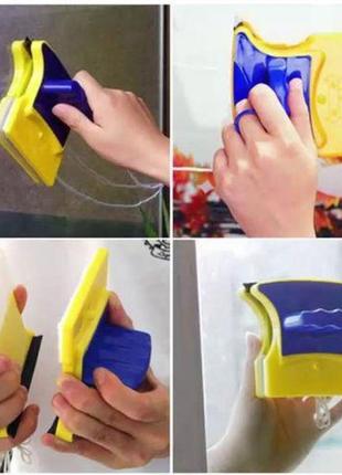 Магнитная щетка для мытья окон с двух сторон glass wiper window wizard, щетка для...