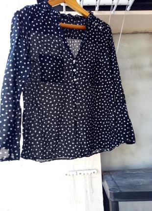 Черная в горох/горошек блуза рубашка свободная коттон/шелк от zara португалия2 фото