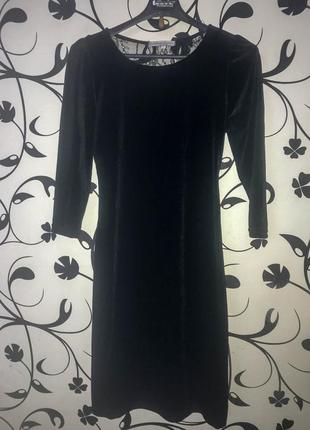 Велюровое черное платье миди/велюровое платье размер м