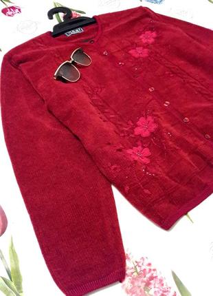 Стильный плюшевый кардиган свитер бордо с вышивкой от akal collection4 фото