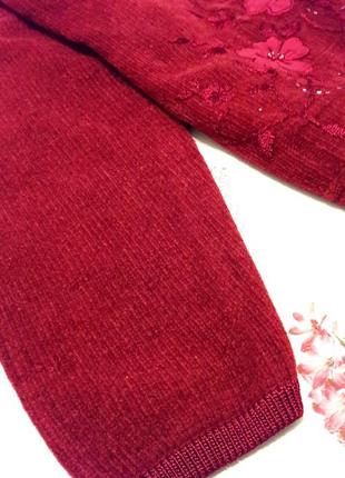 Стильный плюшевый кардиган свитер бордо с вышивкой от akal collection6 фото