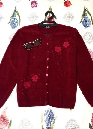 Стильный плюшевый кардиган свитер бордо с вышивкой от akal collection10 фото