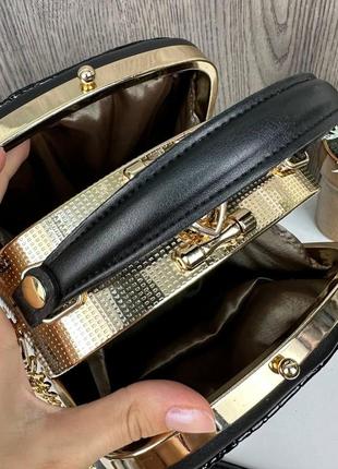 Женская мини сумочка рептилия каркасная с замочком, маленькая сумка золотистая10 фото