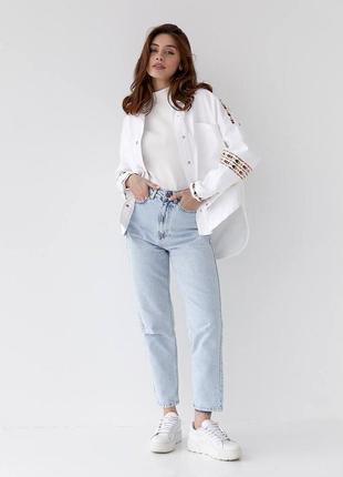Стильный белый женский джинсовый жакет с вышивкой, накидка джинсовая, рубашка вышитая, женская одежда4 фото