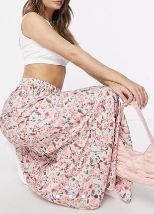 Макси юбка розовая длинная принт мелкие цветочки на резинке свободный крой in the style5 фото