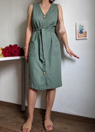 Платье халат на пуговицах миди прямое льняное лен зеленое серое карманы пояс футляр s m9 фото