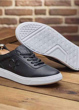 Мужские кеды кроссовки calvin из натуральной кожи в чёрном цвете, чоловічі шкіряні...