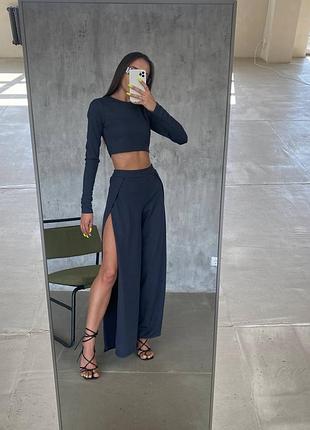 Женский брючный костюм кроп топ черный серый малиновый бежевый базовый