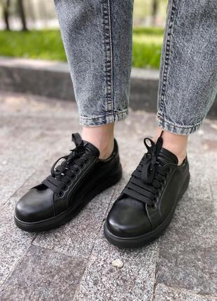 Черные базовые женские повседневные кеды, кроссовки из натуральной кожи2 фото