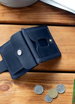 Кожаный зажим для денег из натуральной кожи wallet blue синий с монетницей ручной работы5 фото