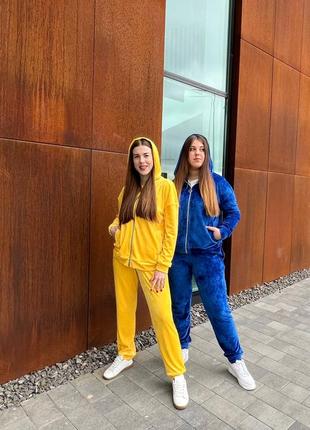 Синій якісний велюровий прогулочний/спортивний костюм кофта на замку і штани с-л7 фото