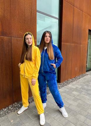 Синій якісний велюровий прогулочний/спортивний костюм кофта на замку і штани с-л6 фото